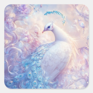Witte en Blauwe Pauw in Ethische Fantasie Tuin Vierkante Sticker
