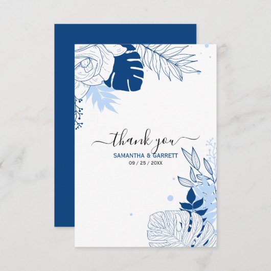 Witte en blauwe tropische bladeren bedankkaart (Voorkant / Achterkant)
