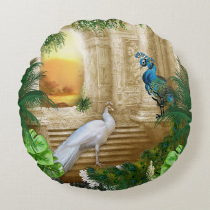 Witte en blauwgroene koninklijke pacocks rond kussen