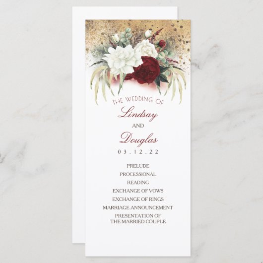 Witte en Bourgondische Rode Bloemen Bruiloft Progr Programma (Voorkant / Achterkant)