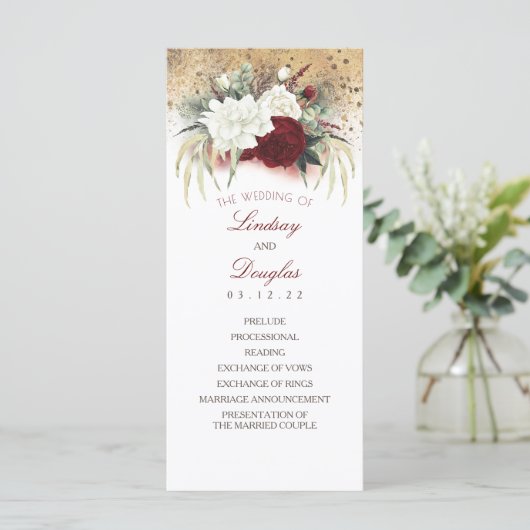 Witte en Bourgondische Rode Bloemen Bruiloft Progr Programma (Staand voorkant)