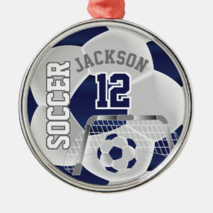 Witte en donkerblauwe Voetbal aanpassen Voetbal Metalen Ornament