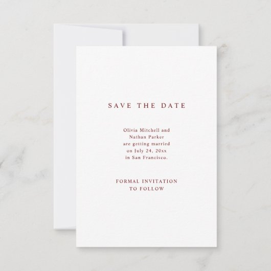 Witte en donkerrode tekst en foto | Bruiloft Save The Date (Achterkant)