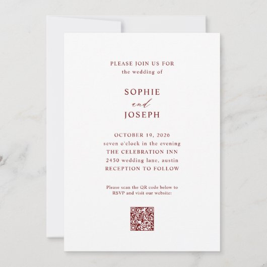 Witte en donkerrode tekstfoto | QR-code bruiloft Kaart (Achterkant)