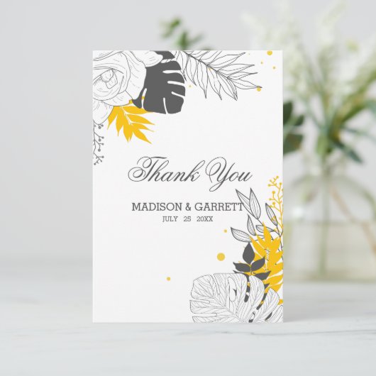 Witte en gele tropische bladeren bedankje bedankkaart (Staand voorkant)