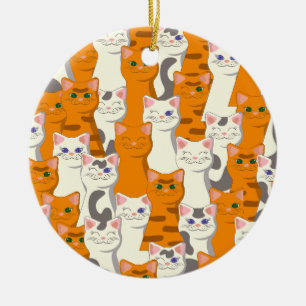 Witte en gember katten patroon groene ogen blauwe keramisch ornament