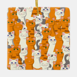 Witte en gember katten patroon groene ogen blauwe keramisch ornament