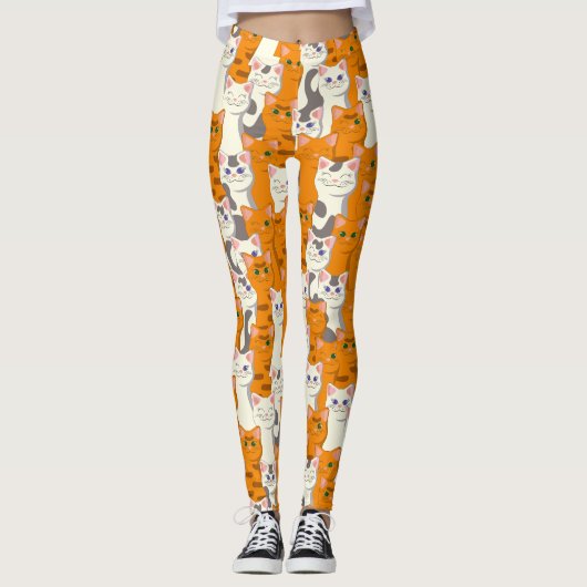 Witte en gember katten patroon groene ogen blauwe leggings (Voorkant)