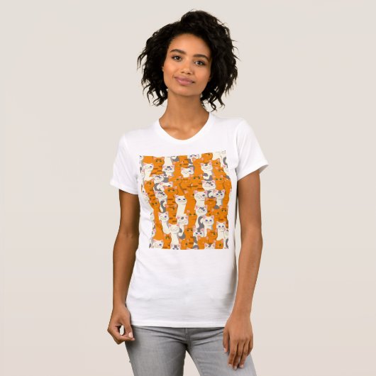 Witte en gember katten patroon groene ogen blauwe  t-shirt (Voorkant volledig)