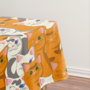 Witte en gember katten patroon groene ogen blauwe  tafelkleed