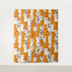 Witte en gember katten patroon groene ogen blauwe wandkleed