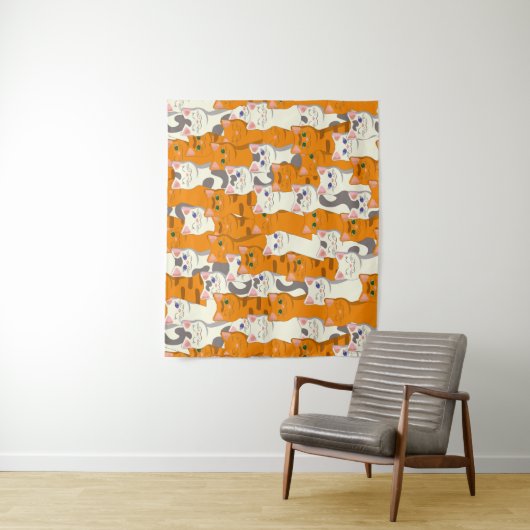 Witte en gember katten patroon groene ogen blauwe wandkleed (In situ)