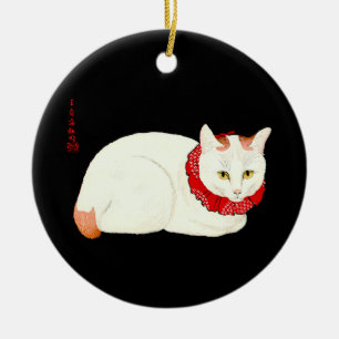 Witte en Ginger Japanse Kat Keramisch Ornament