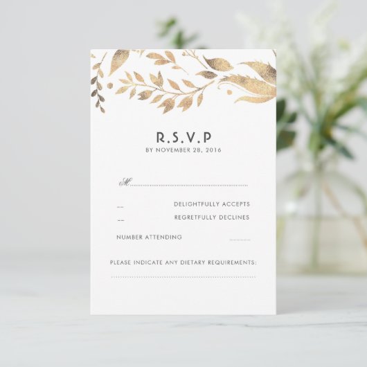 Witte en gouden bladeren bruiloft RSVP (Staand voorkant)