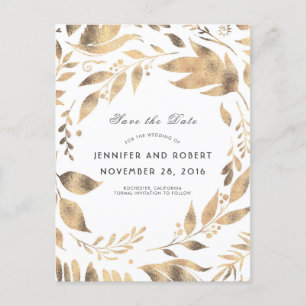 Witte en Gouden Bladeren Krans Save the Date Aankondigingskaart