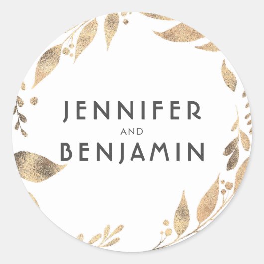 Witte en gouden bladeren Laurel bruiloft Ronde Sticker (Voorkant)