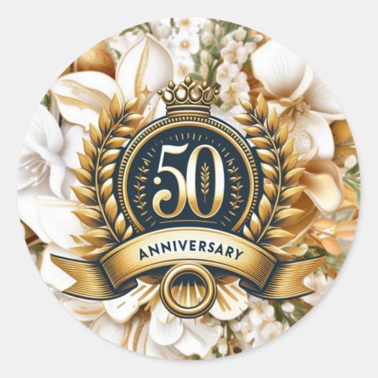 Witte en gouden bloemen 50e Jubileum Ronde Sticker (Voorkant)