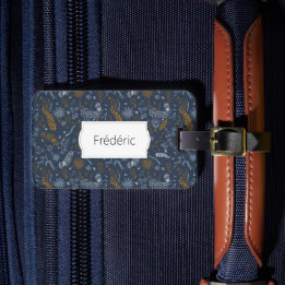 Witte en gouden bloemen doodles in blauw bagagelabel