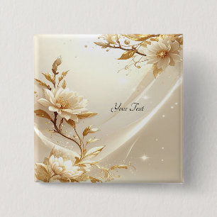Witte en Gouden Bloemen Knop Vierkante Button 5,1 Cm