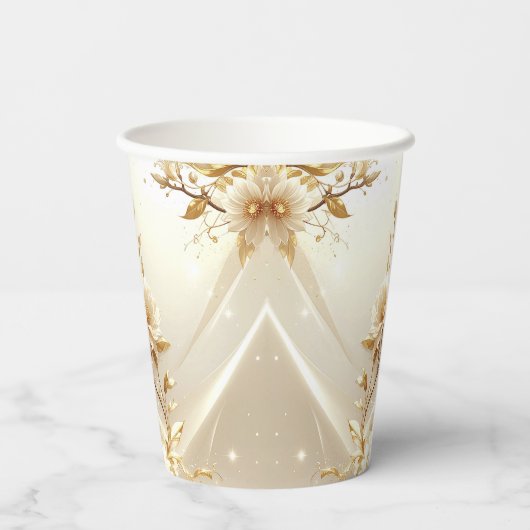 Witte en Gouden Bloemen Papieren Bekers (Achterkant)