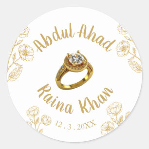 Witte en gouden bloemen verlovingsring ronde sticker