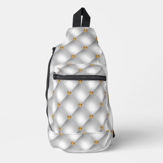 Witte en gouden diamant getufte edelsteen sling bag (Voorkant)