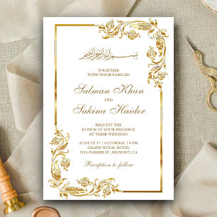 Witte en gouden Floral Border Islamic Wedding Kaart