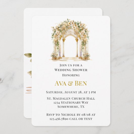 Witte en Gouden Kerk Trouwdouche Kaart (Voorkant / Achterkant)