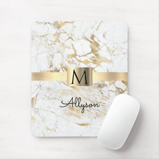 Witte en gouden marmer, gouddoos, zwart monogram,  muismat (Met muis)