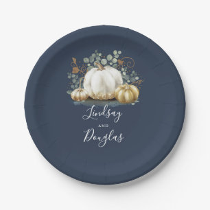 Witte en gouden pompoen herfst oogst Navyblauw Papieren Bordje