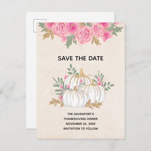 Witte en gouden pompoenen Waterverf Save the Date Uitnodiging Briefkaart (Voorkant / Achterkant)