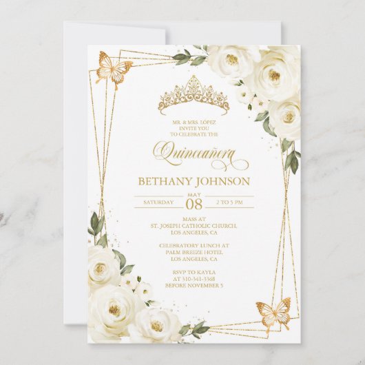 Witte en gouden Quinceañera-uitnodiging Kaart (Voorkant)