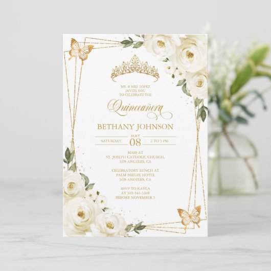 Witte en gouden Quinceañera-uitnodiging Kaart (Staand voorkant)