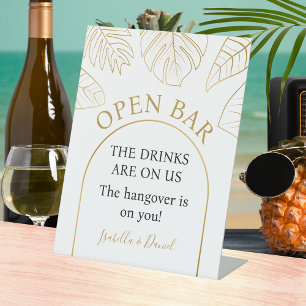 Witte en Gouden Tropische Bloemen Open Bar Wedding Reclamebord Met Voetstuk