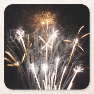 Witte en Gouden Vuurwerk II Patriottische Viering Vierkante Kartonnen Onderzetter