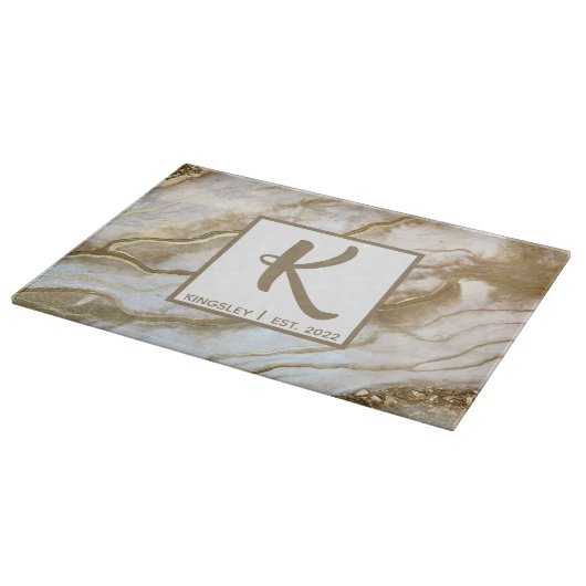 Witte en goudglitteragate monogram naamjaar snijplank (Hoek)