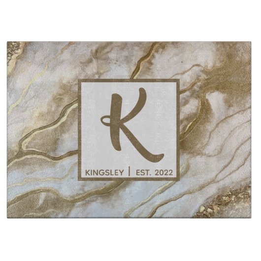 Witte en goudglitteragate monogram naamjaar snijplank (Voorkant)
