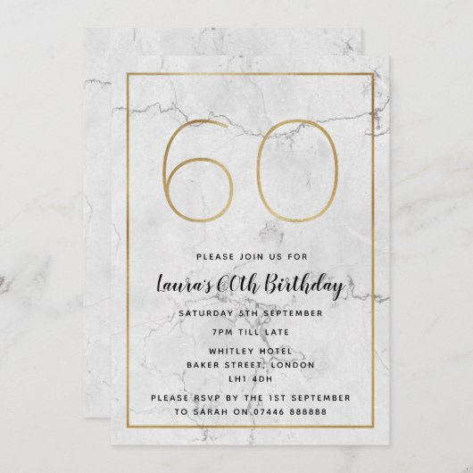 Witte en goudkleurige 60e verjaardag uitnodigingen (Voorkant / Achterkant)
