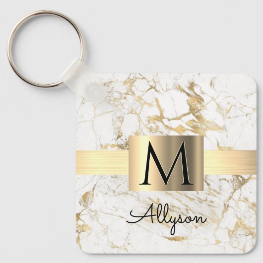 Witte en goudkleurige gouddoos, zwart monogram sleutelhanger (Voorkant)
