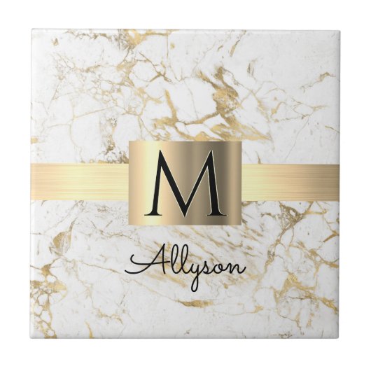 Witte en goudkleurige gouddoos, zwart monogram tegeltje (Voorkant)