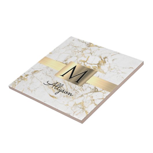 Witte en goudkleurige gouddoos, zwart monogram tegeltje (Zijkant)