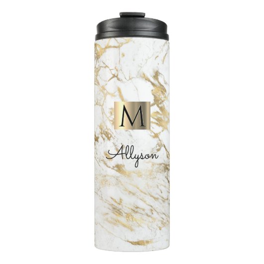 Witte en goudmarmer, gouddoos, naam en monogram Vs Thermosbeker (Voorkant)