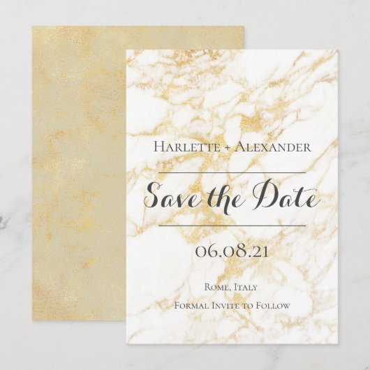 Witte en goudmarmer save the date (Voorkant / Achterkant)