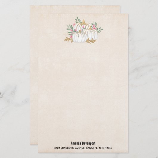 Witte en goudpompoenen Waterverf Briefpapier (Voorkant / Achterkant)
