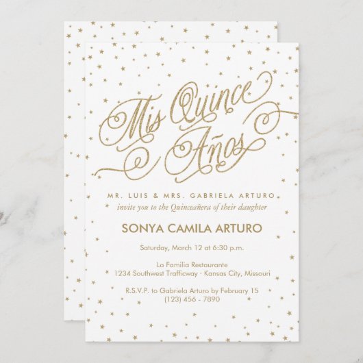 witte en goudsterren Quinceañera Partij Kaart (Voorkant / Achterkant)