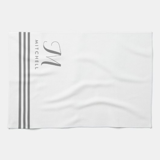 Witte en grijze geavanceerde strips en monogram theedoek (Horizontaal)