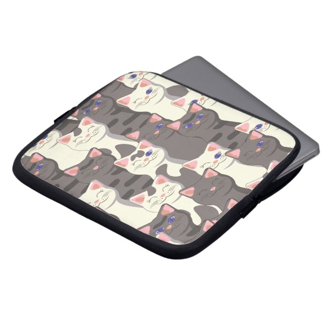 Witte en grijze kattenpatroon laptop sleeve (Voorkant top)