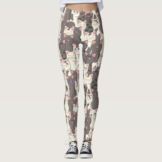Witte en grijze kattenpatroon leggings (Voorkant)