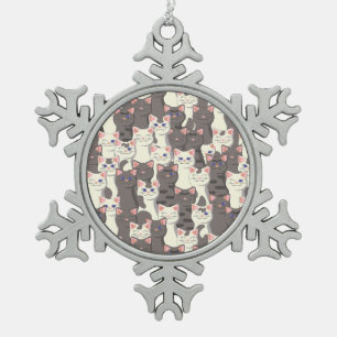 Witte en grijze kattenpatroon tin sneeuwvlok ornament