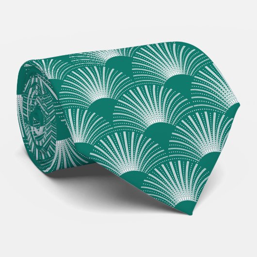 Witte en Groene Bloemen Art Deco Patroon Stropdas (Opgerold)